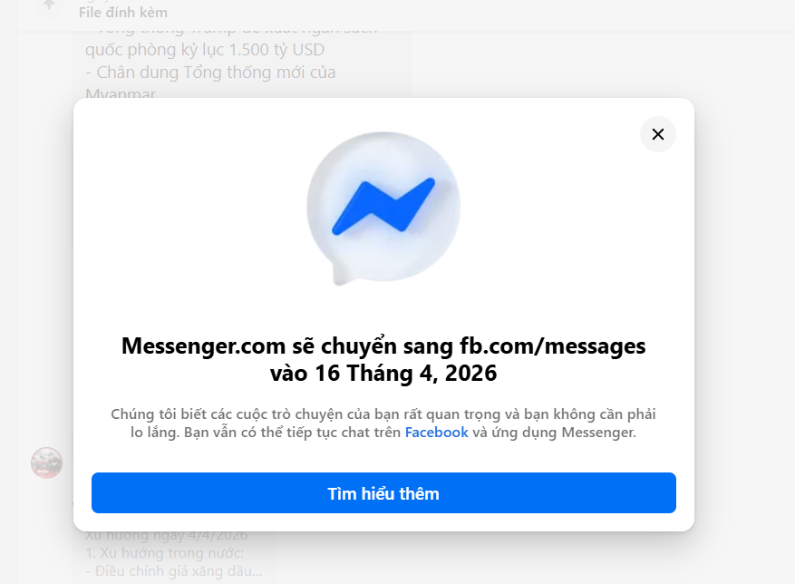 Có bị mất tin nhắn khi trang web Messenger ngừng hoạt động từ ngày 16/4?- Ảnh 1.