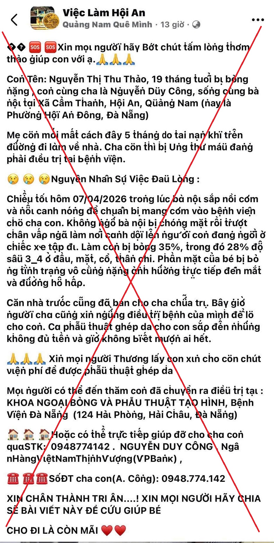 Giả mạo việc con gái 19 tháng tuổi bị bỏng nặng để lừa đảo kêu gọi tiền từ thiện- Ảnh 1.